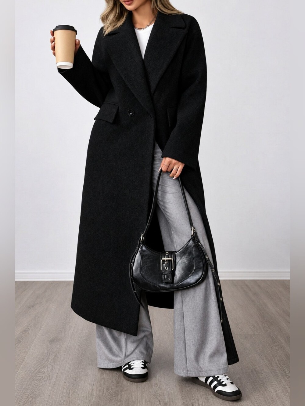 New Oversized Double Breasted Long Coat Jacket Black